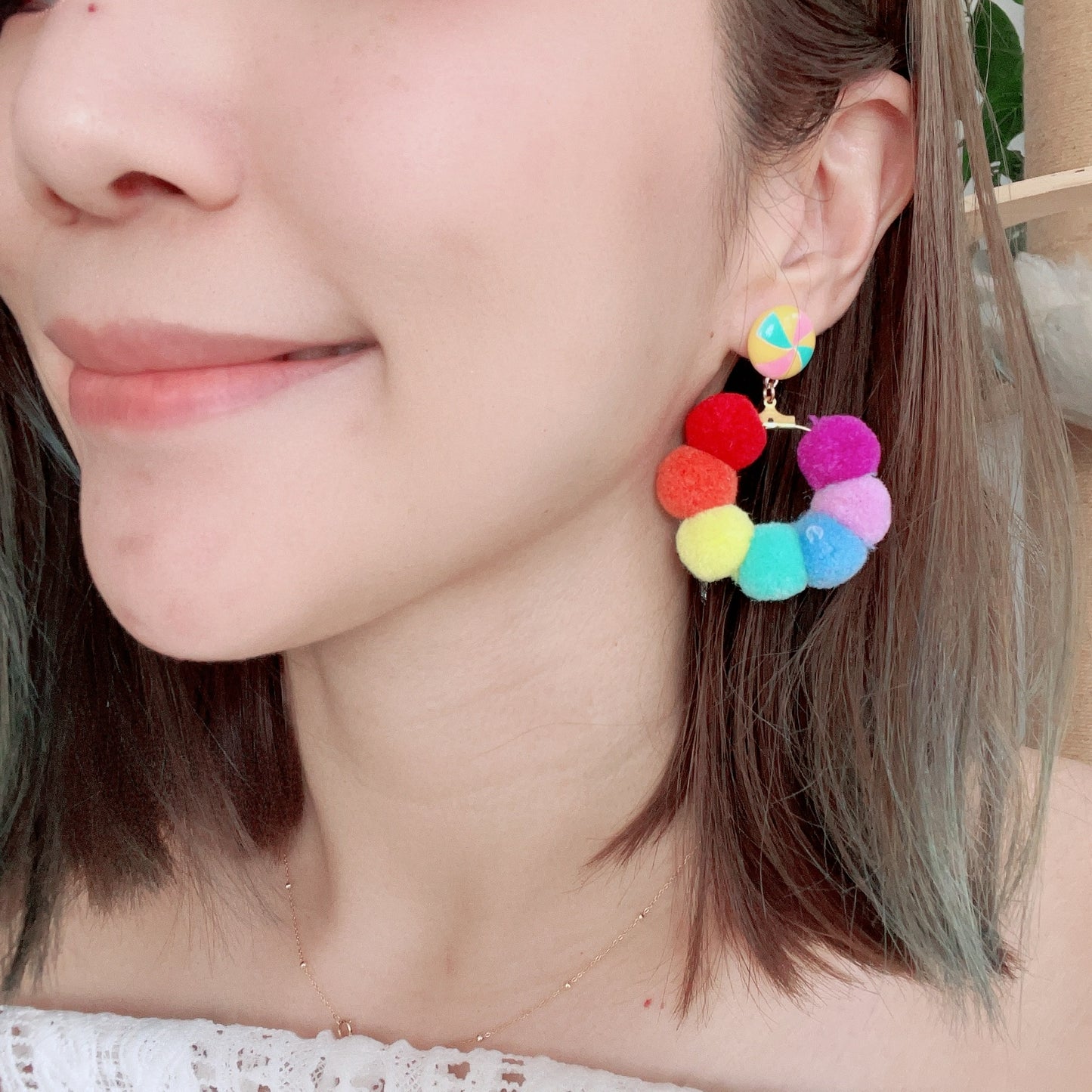 Rainbow Pom Pom Earring