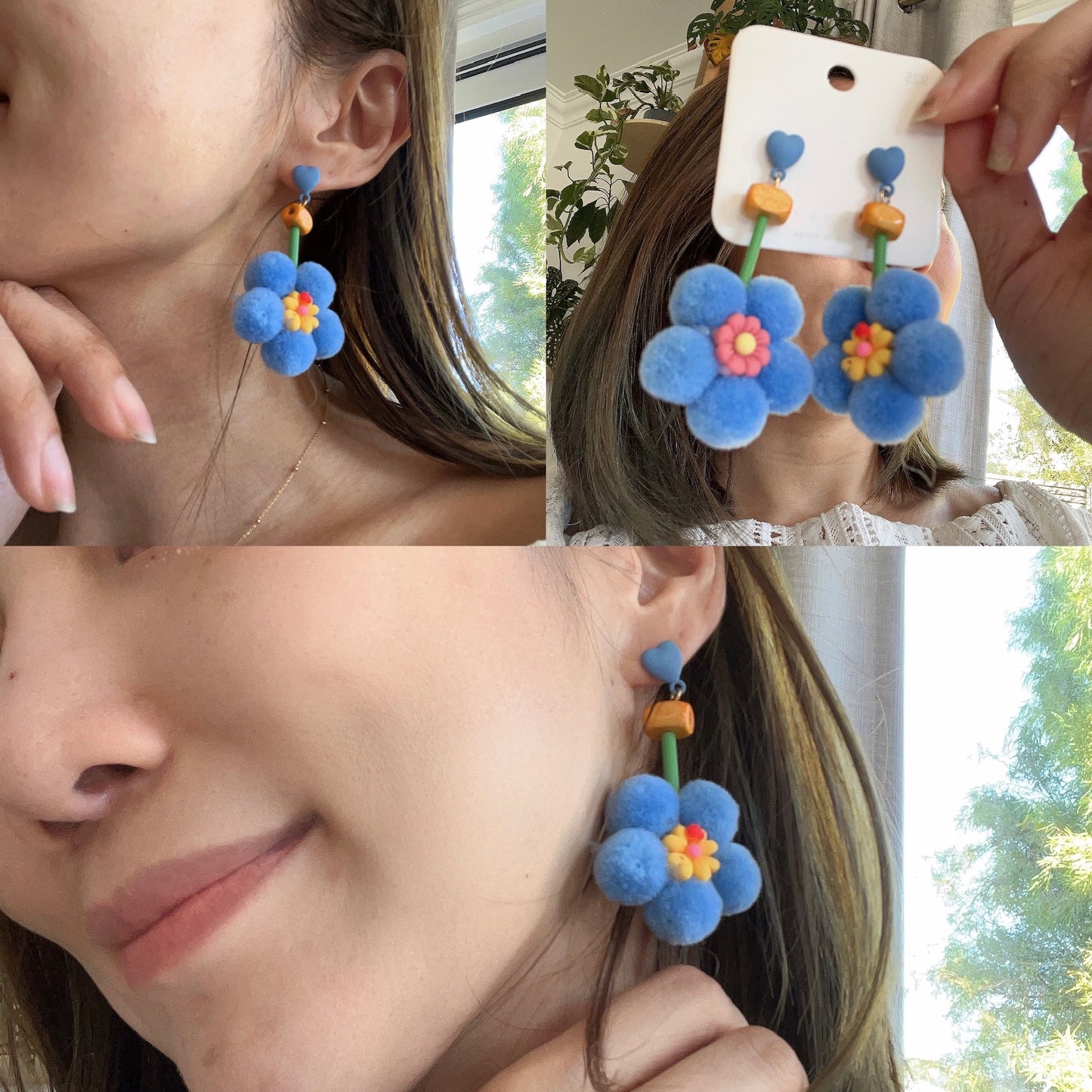Blue Daisy Pom Pom Earring