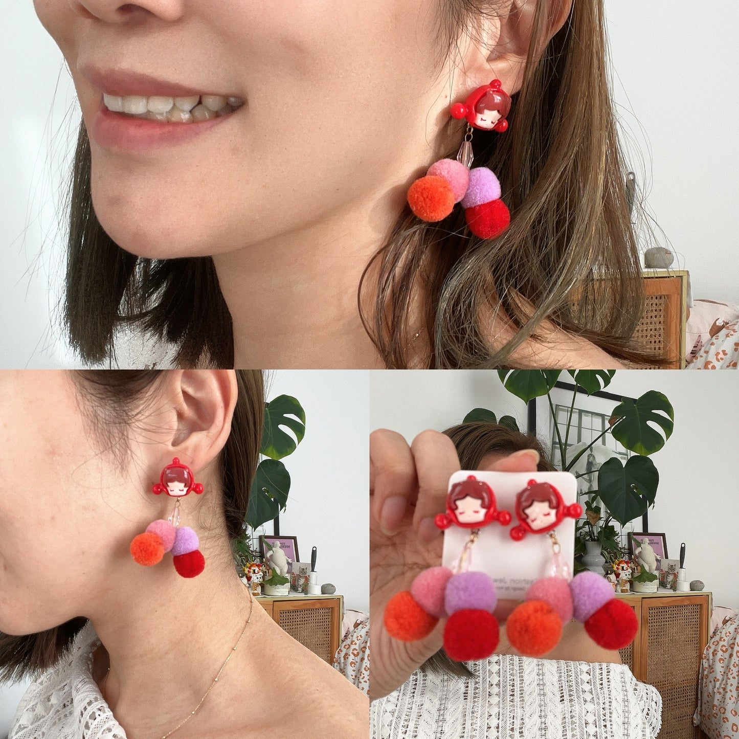 Ruby Pom Pom Earring