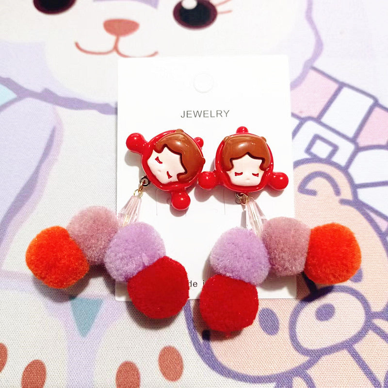 Ruby Pom Pom Earring