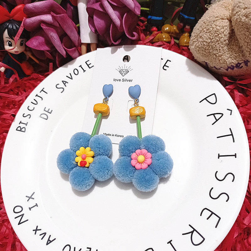 Blue Daisy Pom Pom Earring