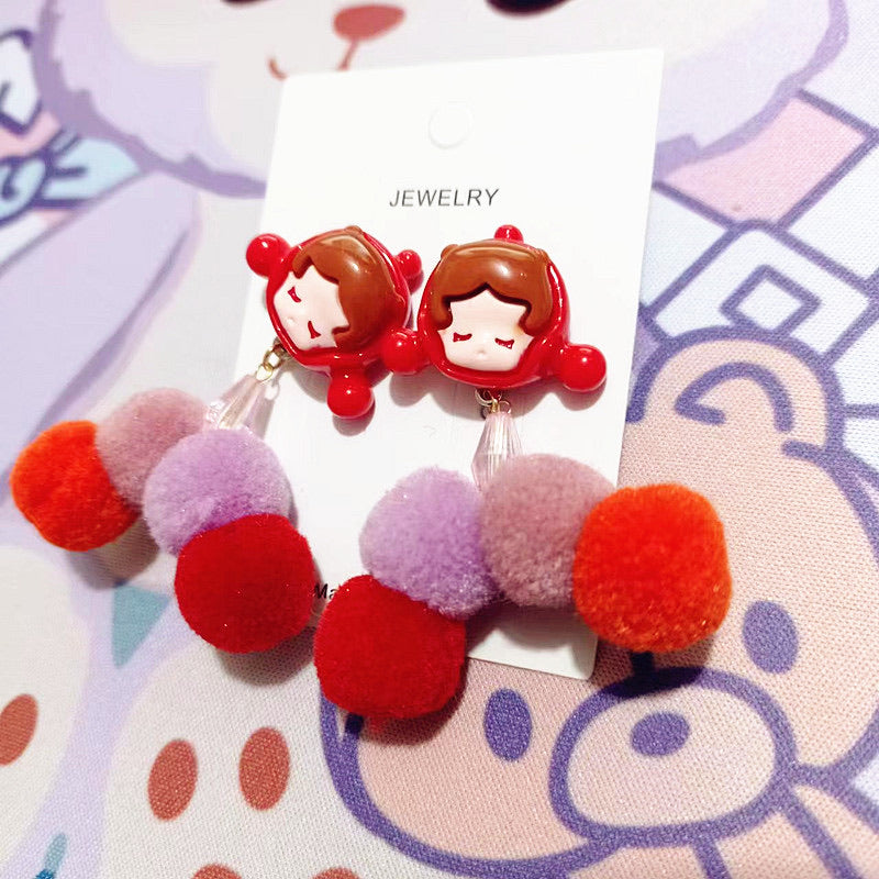 Ruby Pom Pom Earring