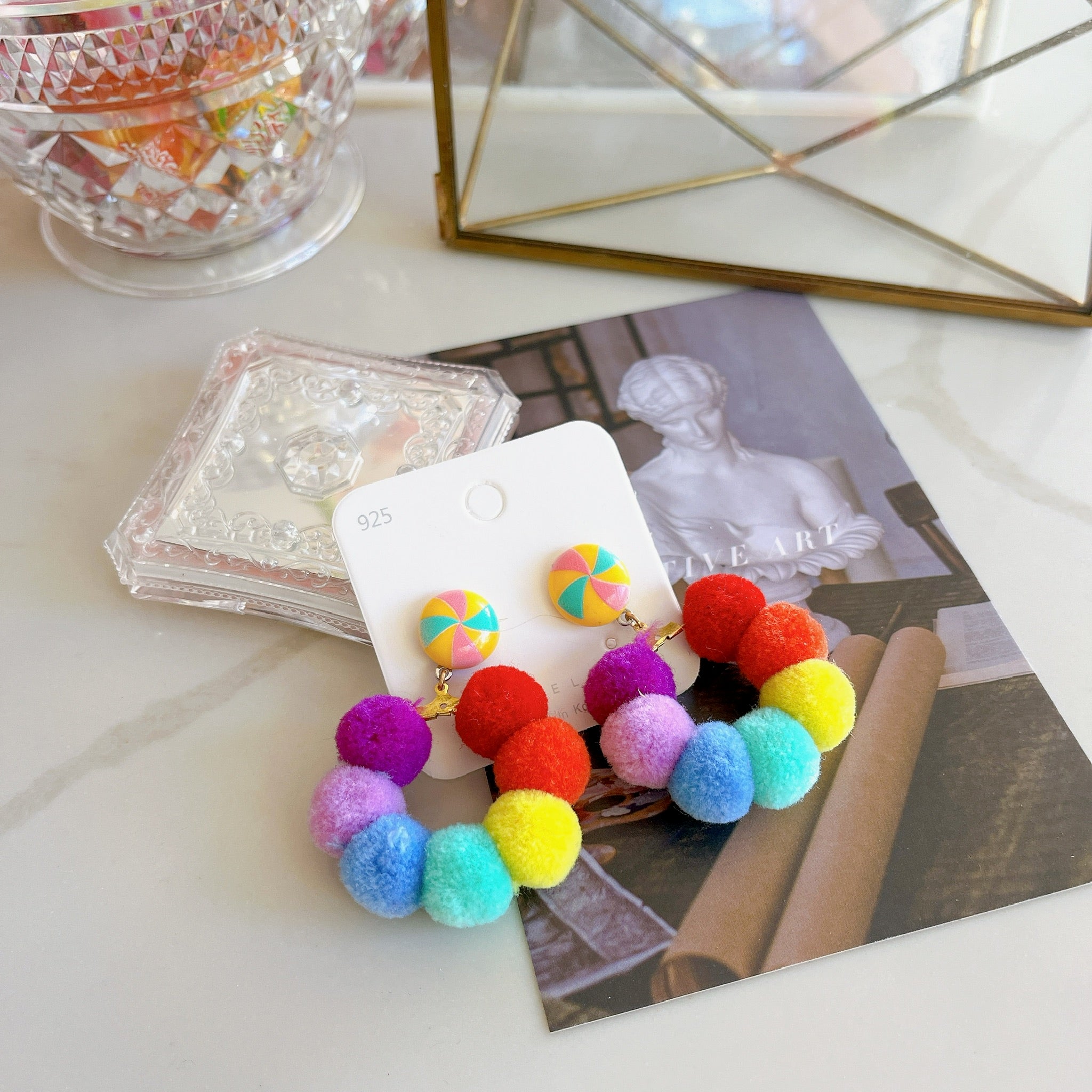 Rainbow pom pom deals earrings